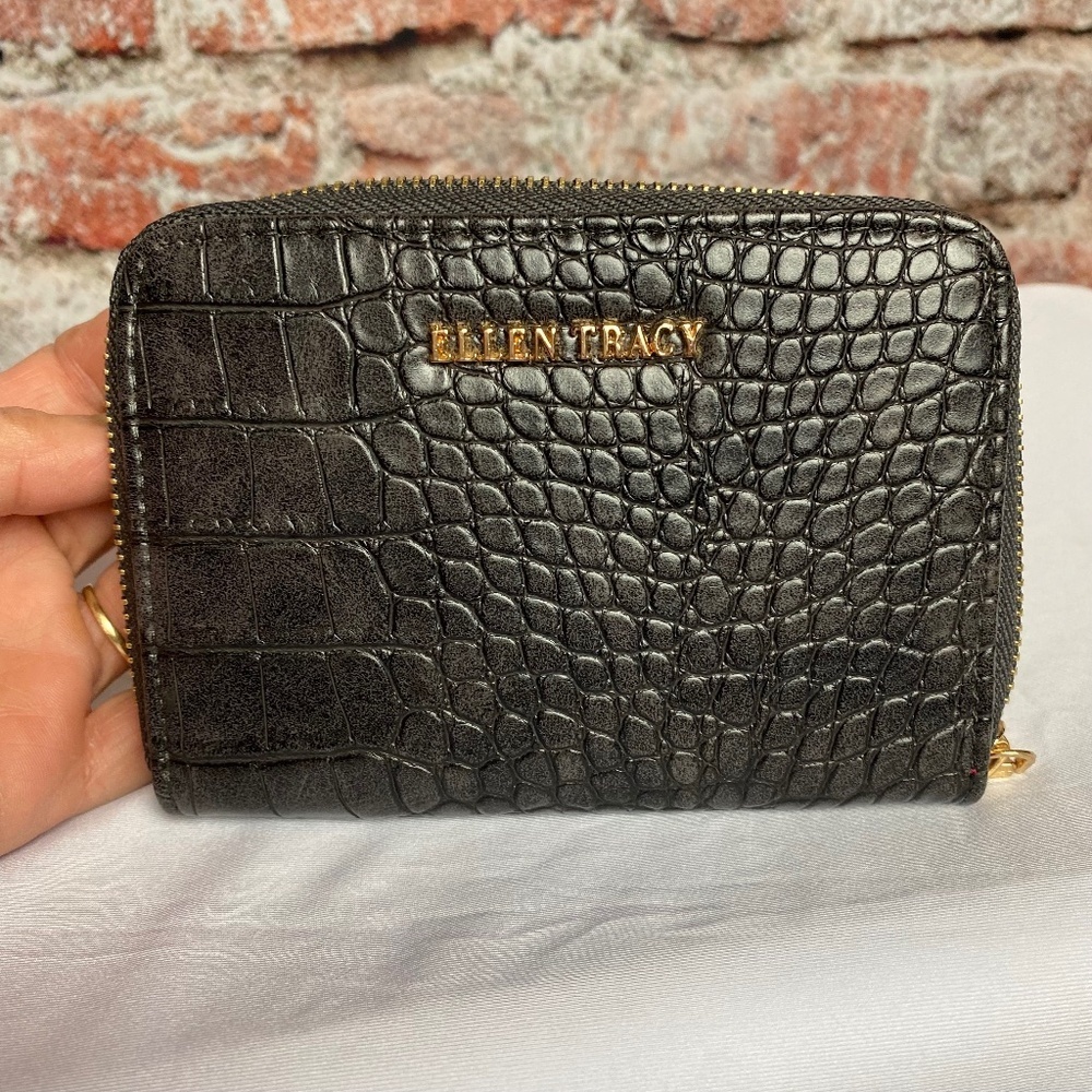 Ellen Tracy Croco Faux Leather ZipAround Wallet Dark Grey